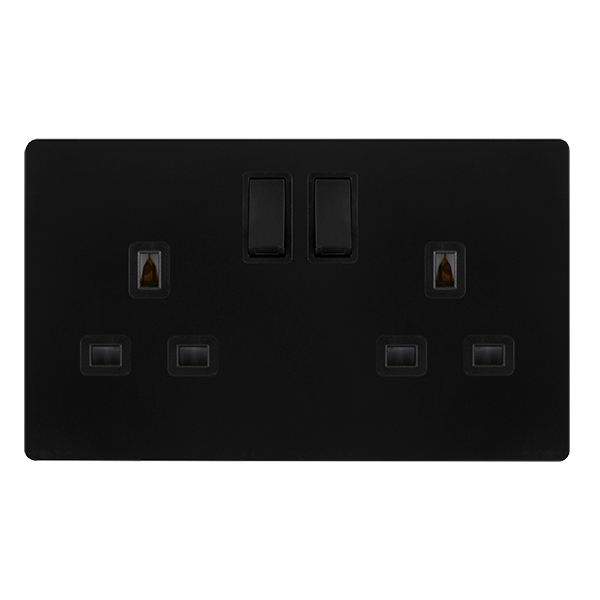 13A 2 GANG DP SWITCHED SAFETY SHUTTER SOCKET - MATT BLACK COVER PLATE - BLACK INSERT