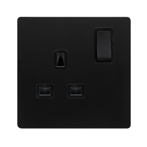13A 1 GANG DP SWITCHED SAFETY SHUTTER SOCKET - MATT BLACK COVER PLATE - BLACK INSERT