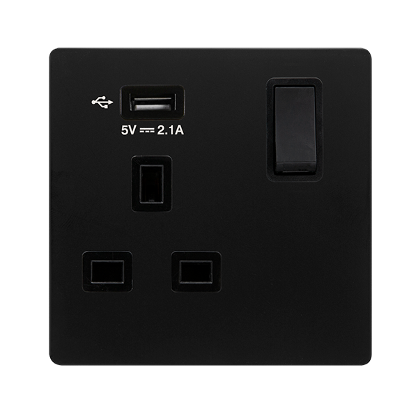 13A INGOT 1 GANG SWITCHED SOCKET WITH 2.1A USB OUTLET - MATT BLACK COVER PLATE - BLACK INSERT