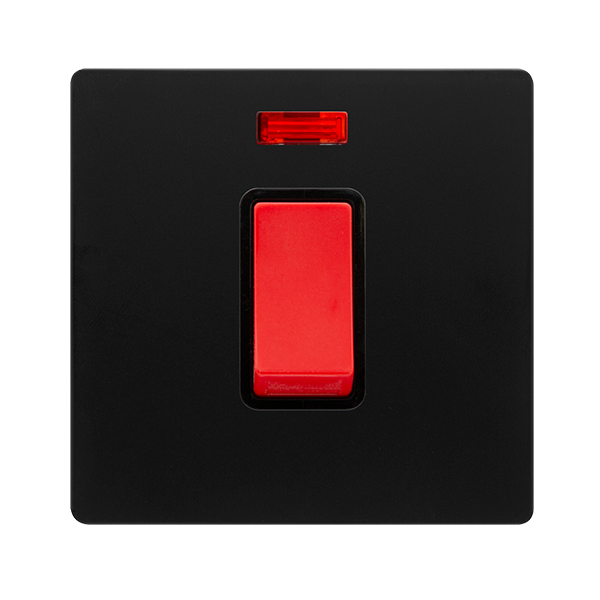 50A 1 GANG DOUBLE POLE SWITCH WITH NEON - MATT BLACK COVER PLATE - BLACK INSERT