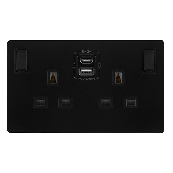 13A INGOT 2 GANG SWITCHED SAFETY SHUTTER SOCKET WITH TYPE A & C USB - MATT BLACK COVER PLATE - BLACK INSERT