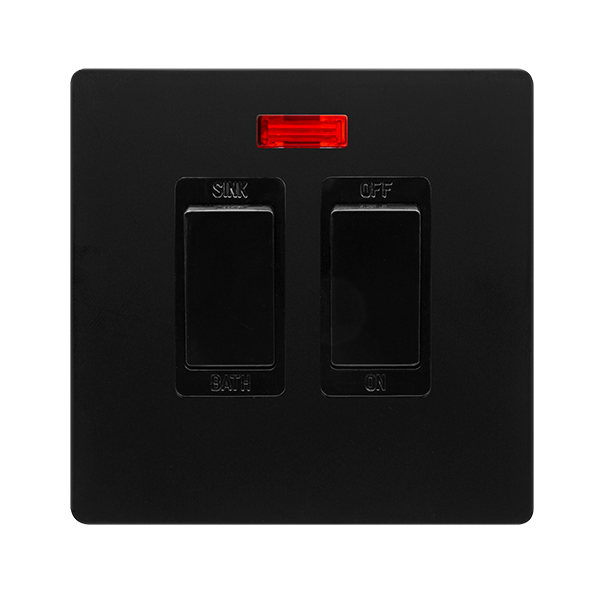20A SINK / BATH SWITCH WITH NEON - MATT BLACK COVER PLATE - BLACK INSERT