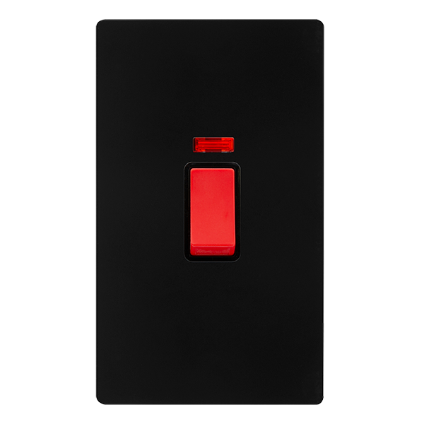 50A 2 GANG DOUBLE POLE SWITCH WITH NEON - MATT BLACK COVER PLATE - BLACK INSERT