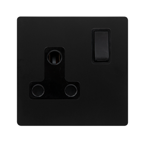 15A ROUND PIN SWITCHED SOCKET - MATT BLACK COVER PLATE - BLACK INSERT