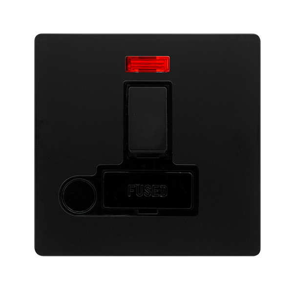 13A SWITCHED FUSED CONNECTION UNIT WITH NEON & OPTIONAL FLEX OUTLET - MATT BLACK COVER PLATE - BLACK INSERT