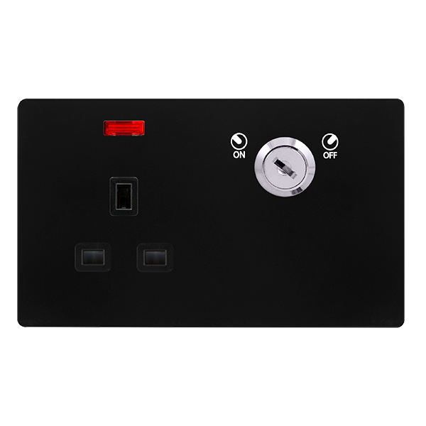 13A 1 GANG DOUBLE POLE KEY LOCKABLE SOCKET WITH NEON - MATT BLACK COVER PLATE - BLACK INSERT