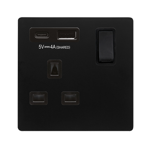 DEFINITY 'NON INGOT' 13A 1 GANG SWITCHED SAFETY SHUTTER SOCKET OUTLET WITH TYPE A & C USB (4A) OUTLETS - MATT BLACK - BLACK INSERTS