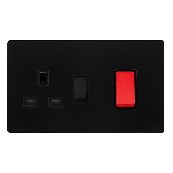 50A DOUBLE POLE SWITCH WITH 13A DOUBLE POLE SWITCHED SOCKET - MATT BLACK COVER PLATE - BLACK INSERT