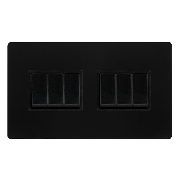 10AX INGOT 6 GANG 2 WAY SWITCH - MATT BLACK COVER PLATE - BLACK INSERT