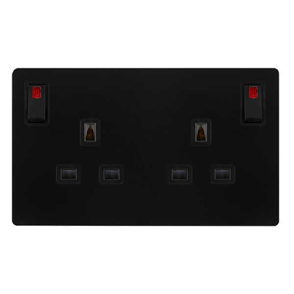 13A 2 GANG DP SWITCHED SAFETY SHUTTER SOCKET WITH OUTBOARD ROCKERS & NEONS- MATT BLACK COVER PLATE - BLACK INSERT